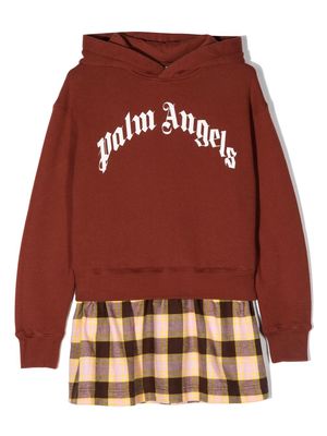 Palm Angels Kids logo-print plaid hoodie panelled dress - Brown