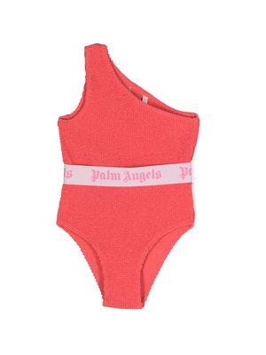 Palm Angels Kids Logo-tape one-shoulder swimsuit - Pink