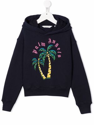 Palm Angels Kids palm-tree embroidered cotton hoodie - Blue
