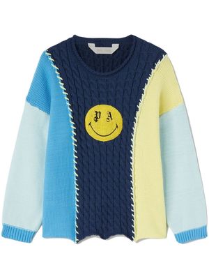 Palm Angels Kids Smiley-embroidered patchwork jumper - Blue
