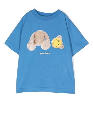 Palm Angels Kids smiley teddy-print cotton T-shirt - Blue