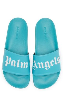 Palm Angels Logo Embossed Pool Slide Sandal in Light Blue White