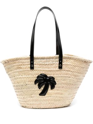 Palm Angels logo-embossed straw bucket bag - Neutrals