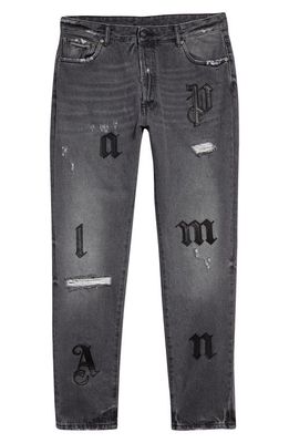 Palm Angels Men's Leather Logo Patch Rigid Jeans in Medium Grey