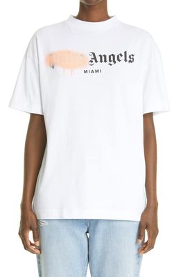 Palm Angels Miami Logo Cotton Tee in White Pink