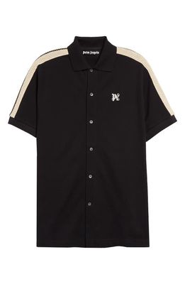 Palm Angels Monogram Track Short Sleeve Knit Button-Up Shirt in Black Off White