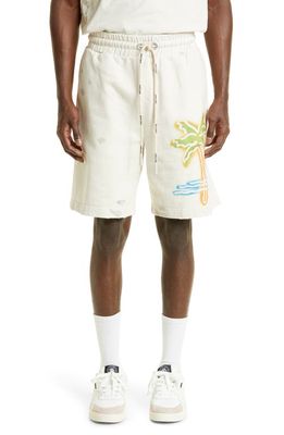 Palm Angels Neon Distressed Cotton Graphic Sweat Shorts in Off White Multicol