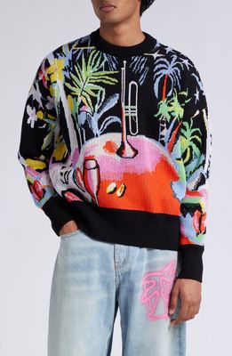 Palm Angels Oil on Canvas Jacquard Virgin Wool Sweater in Black Multicolor