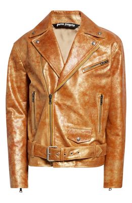Palm Angels PA City Laminated Leather Biker Jacket in Gold Red