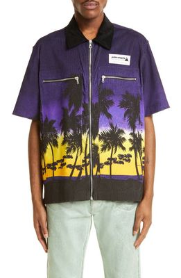 Palm Angels Palm Sunset Cotton Corduroy Zip Bowling Shirt in Purple Bl