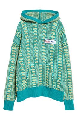 Palm Angels Paradise Palm Two-Tone Cable Knit Hoodie in Green Whit