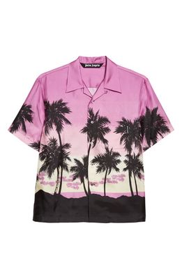 Palm Angels Pink Sunset Silk Bowling Shirt in Purple Black