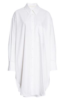 Palm Angels Rhinestone Logo Long Sleeve Cotton Shirtdress in White Silver