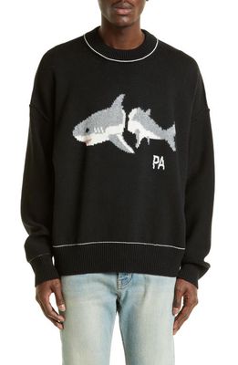Palm Angels Shark Wool Crewneck Sweater in Black Light Grey