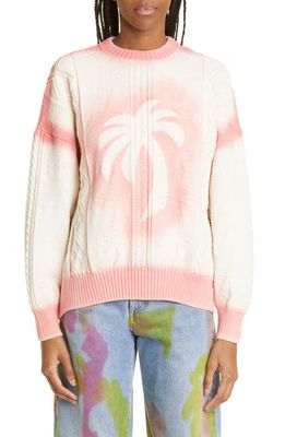 Palm Angels Sprayed Palm Fisherman Sweater in Off White Pink