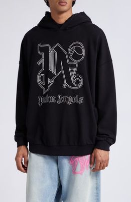 Palm Angels Statement Monogram Embroidered Hoodie in Black Off White