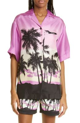 Palm Angels Sunset Print Silk Bowling Shirt in Purple Black