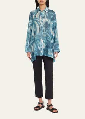 Palm Leaf-Print Gauzy Mini Shirtdress