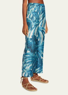 Palm Leaf-Print Silk Crop Pants