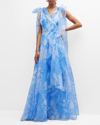 Palm-Print Removable-Bow Silk Organza Gown