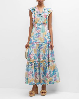 Palm-Print Ruffle Tiered Voile Maxi Dress