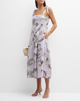 Palm-Print Tiered Button-Front Midi Dress