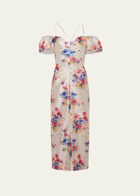 Palma Beaded Floral Off-Shoulder Ruched Midi Dress