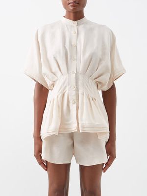 Palmer//harding - Courage Pleated-waist Linen-blend Shirt - Womens - Beige