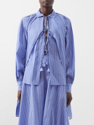 Palmer//harding - Loop Striped Front-tie Cotton Blouse - Womens - Blue Cream