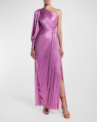 Palmer Metallic Plisse One-Shoulder Thigh-Slit Gown