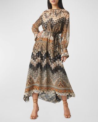 Paloma Geo-Print Chiffon Bishop-Sleeve Midi Dress