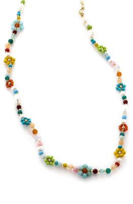 Panacea Floral Imitation Pearl Beaded Necklace in Blue/Green Multi