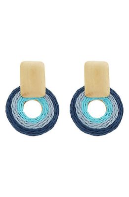 Panacea Wood & Raffia Frontal Hoop Earrings in Blue Multi