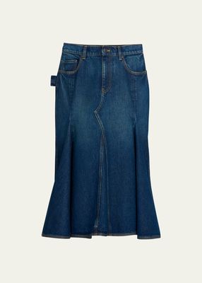 Paneled Denim Midi Skirt with Pleating