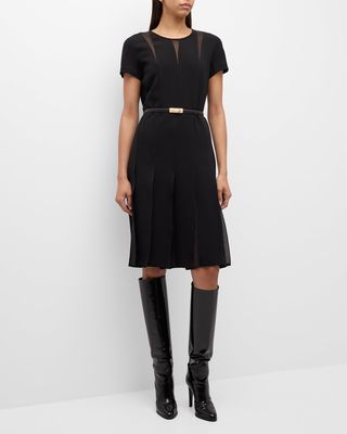 Papaia Pleated Belted Illusion-Inset Midi Dress