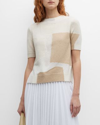 Paper Collage Short-Sleeve Intarsia Sweater