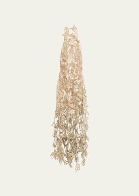 Paper-Cut Flower Bugle Beaded Halter Gown