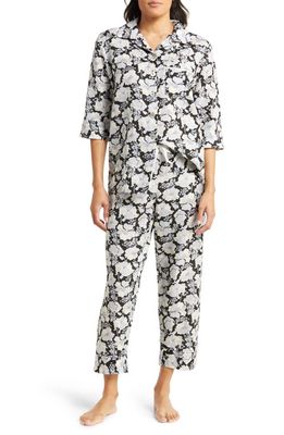 Papinelle Cara Floral Silk & Cotton Crop Pajamas in Black
