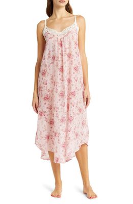 Papinelle Lou Lou Floral Print Lace Trim Cotton & Silk Nightgown in Rose Pink