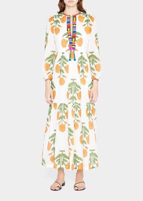 Paradise Clementine Printed Tiered Maxi Dress with Hand-Woven Trim