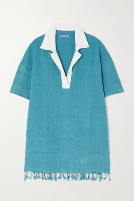 Paradised - Embroidered Fringed Terry-trimmed Cotton Coverup - Blue