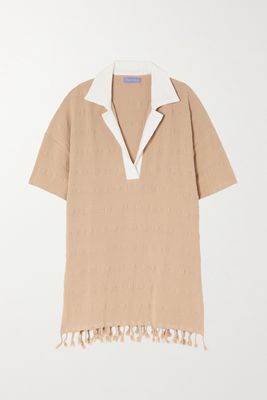 Paradised - Embroidered Fringed Terry-trimmed Cotton Coverup - Neutrals