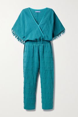 Paradised - Merri Wrap-effect Fringed Cotton Jumpsuit - Blue