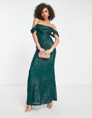 Parallel Lines bardot ruched corset maxi fishtail dress in emerald sequin-Green