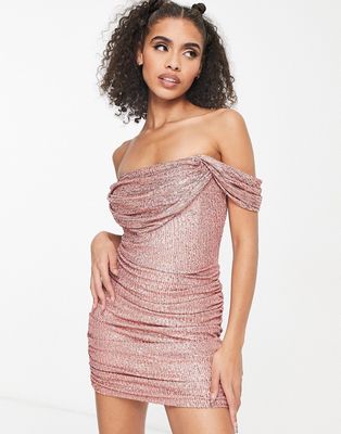 Parallel Lines bardot ruched corset mini dress in pink sequin