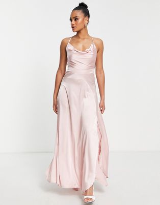 Parallel Lines cowl neck satin maxi dress with split in pink