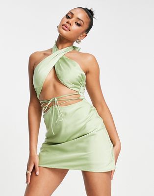 Parallel Lines cross over cut out satin mini dress in green