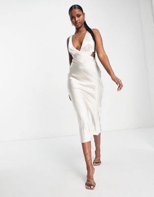 Parallel Lines cut out satin slip midi dress in naturals-White