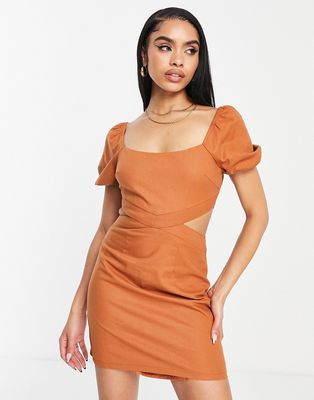 Parallel Lines puff sleeve cut-out mini dress in terracotta-Brown