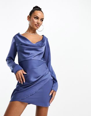 Parallel Lines satin cowl neck mini dress in blue
